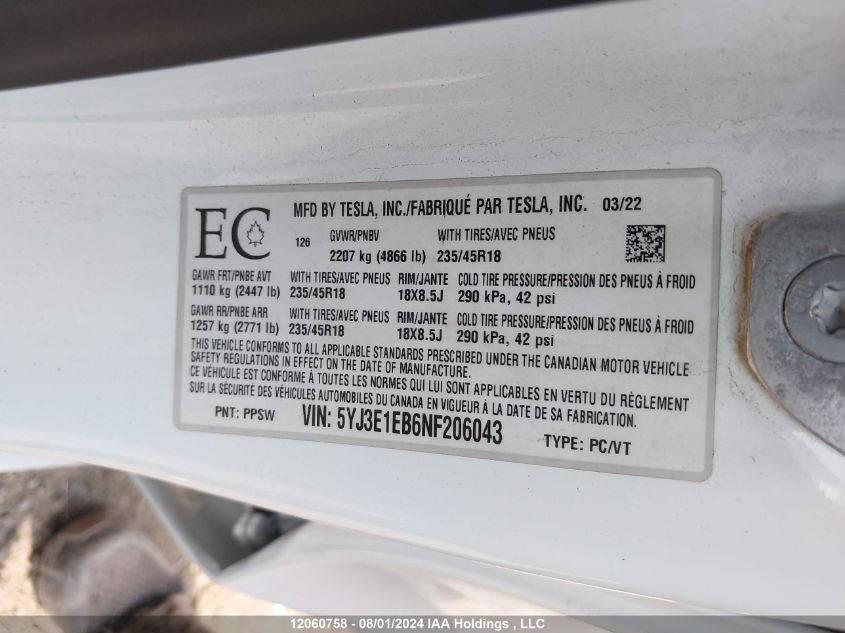 2022 Tesla Model 3 VIN: 5YJ3E1EB6NF206043 Lot: 12060758