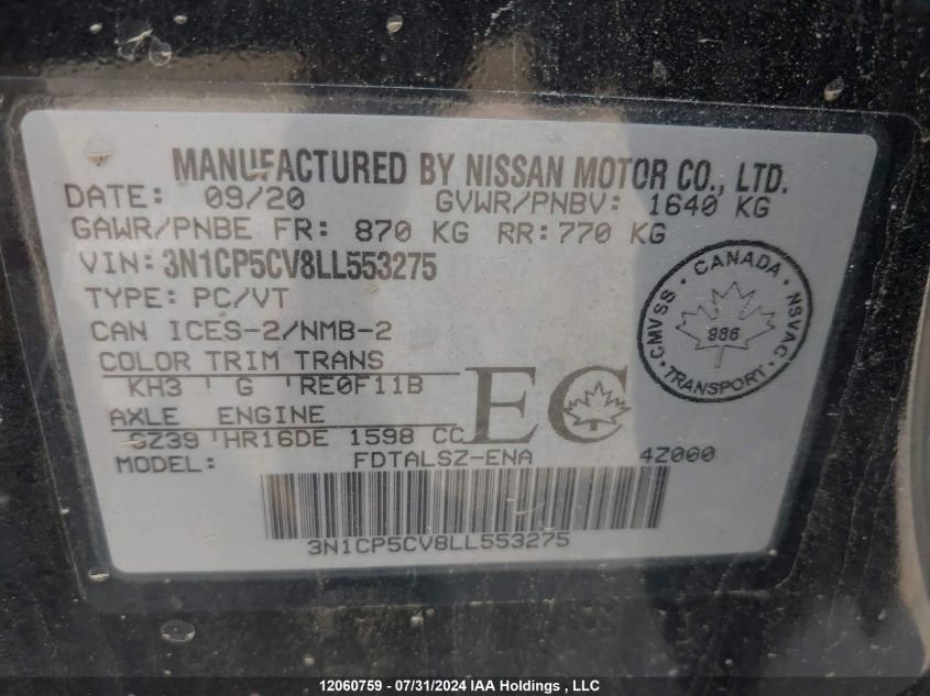 2020 Nissan Kicks VIN: 3N1CP5CV8LL553275 Lot: 12060759