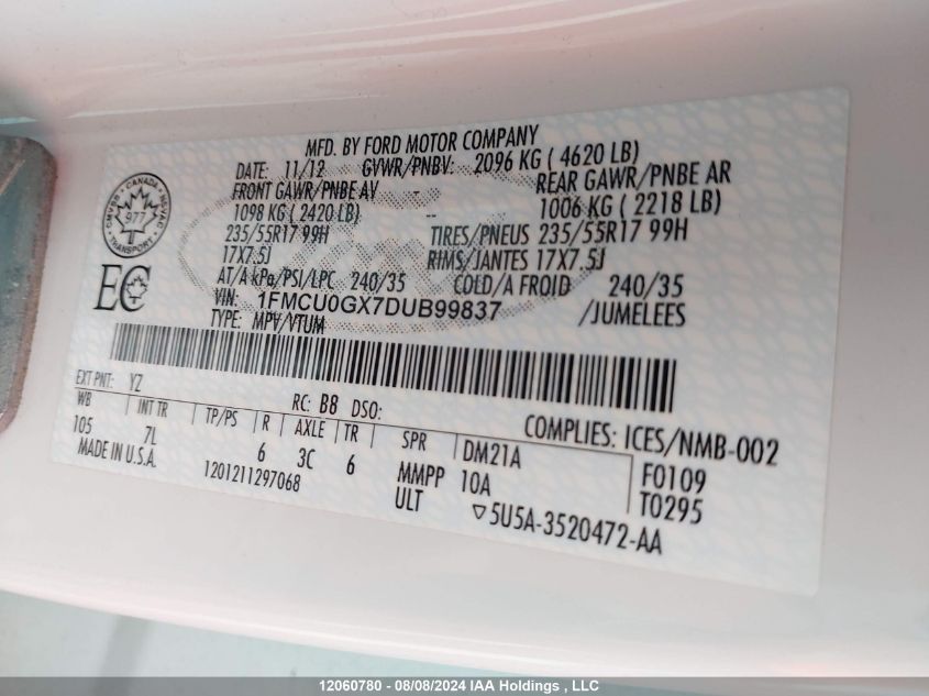 2013 Ford Escape Se VIN: 1FMCU0GX7DUB99837 Lot: 12060780