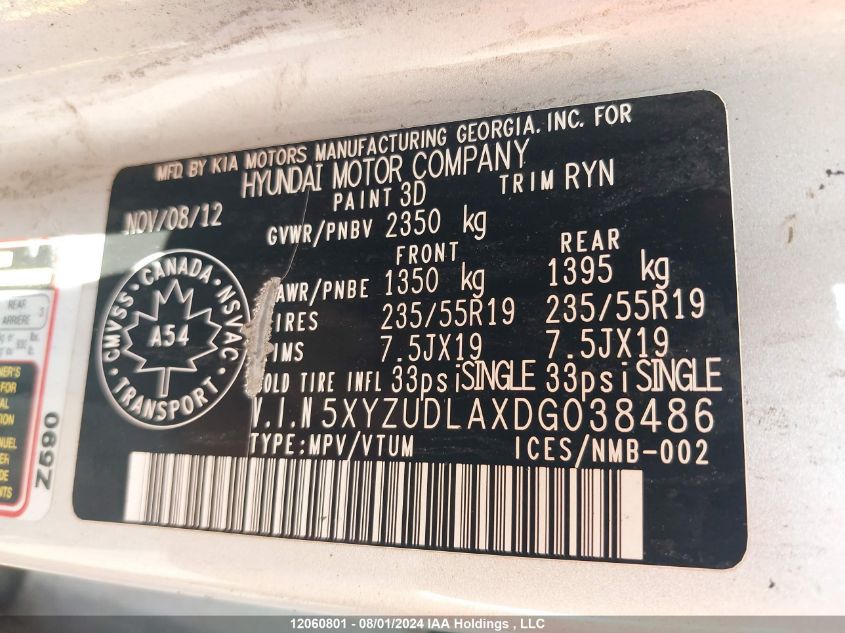 2013 Hyundai Santa Fe Sport 2.0T Se VIN: 5XYZUDLAXDG038486 Lot: 12060801