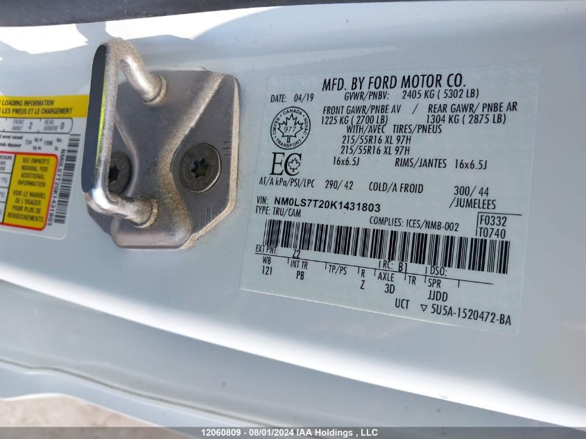 2019 Ford Transit Connect Xlt VIN: NM0LS7T20K1431803 Lot: 12060809