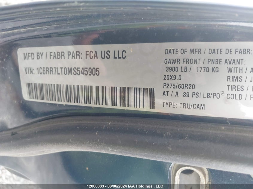 2021 Ram 1500 Classic Slt VIN: 1C6RR7LT0MS545905 Lot: 12060833