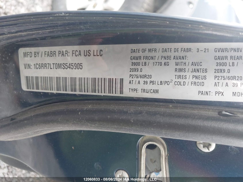 2021 Ram 1500 Classic Slt VIN: 1C6RR7LT0MS545905 Lot: 12060833