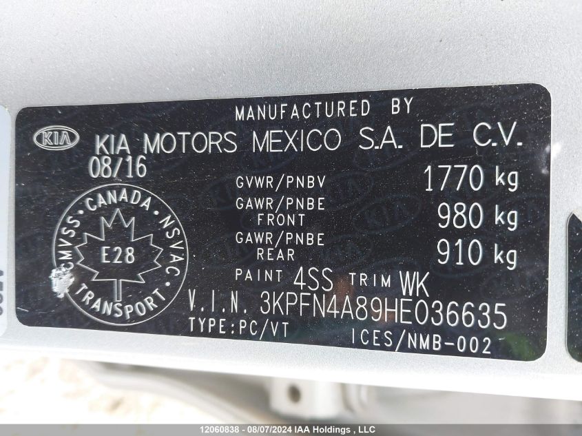 2017 Kia Forte VIN: 3KPFN4A89HE036635 Lot: 12060838