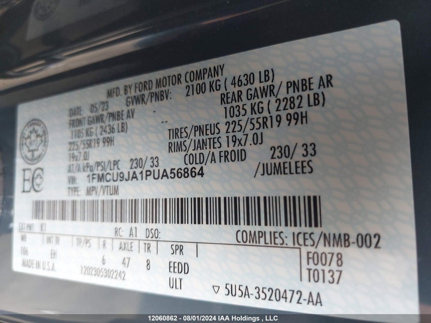 2023 Ford Escape Platinum VIN: 1FMCU9JA1PUA56864 Lot: 12060862