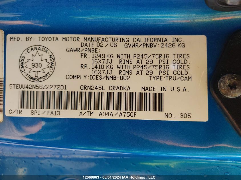 2006 Toyota Tacoma Access Cab VIN: 5TEUU42N56Z227201 Lot: 12060863