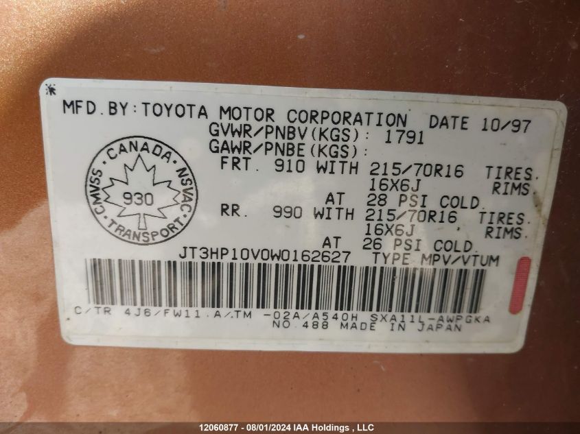 1998 Toyota Rav4 VIN: JT3HP10V0W0162627 Lot: 12060877