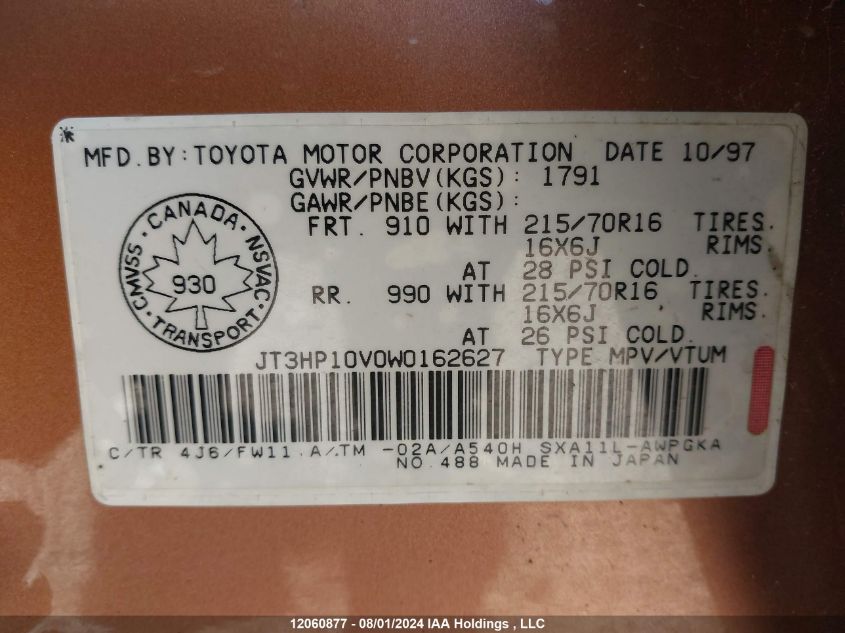 1998 Toyota Rav4 VIN: JT3HP10V0W0162627 Lot: 12060877