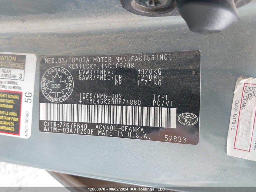 2009 Toyota Camry Le VIN: 4T1BE46K29U874880 Lot: 12060878