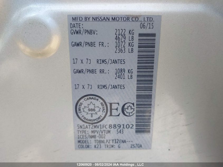 2015 Nissan Rogue VIN: 5N1AT2MV1FC889102 Lot: 12060920