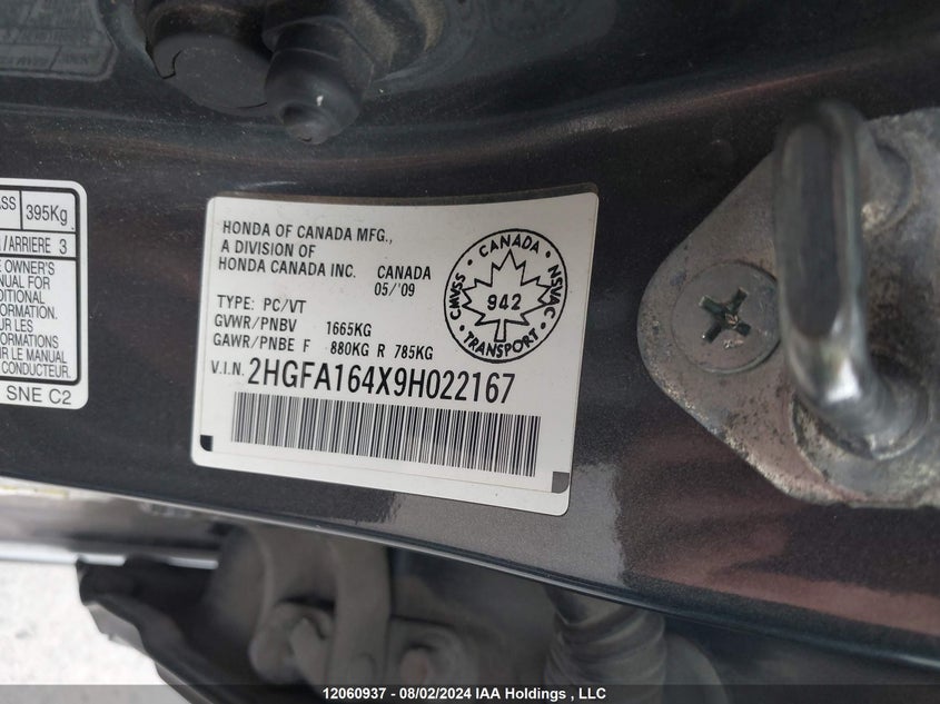 2009 Honda Civic Sdn VIN: 2HGFA164X9H022167 Lot: 12060937