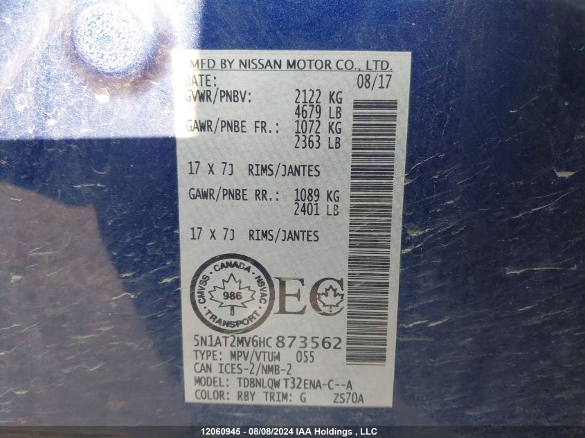 2017 Nissan Rogue VIN: 5N1AT2MV6HC873562 Lot: 12060945