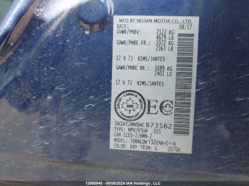 2017 Nissan Rogue VIN: 5N1AT2MV6HC873562 Lot: 12060945