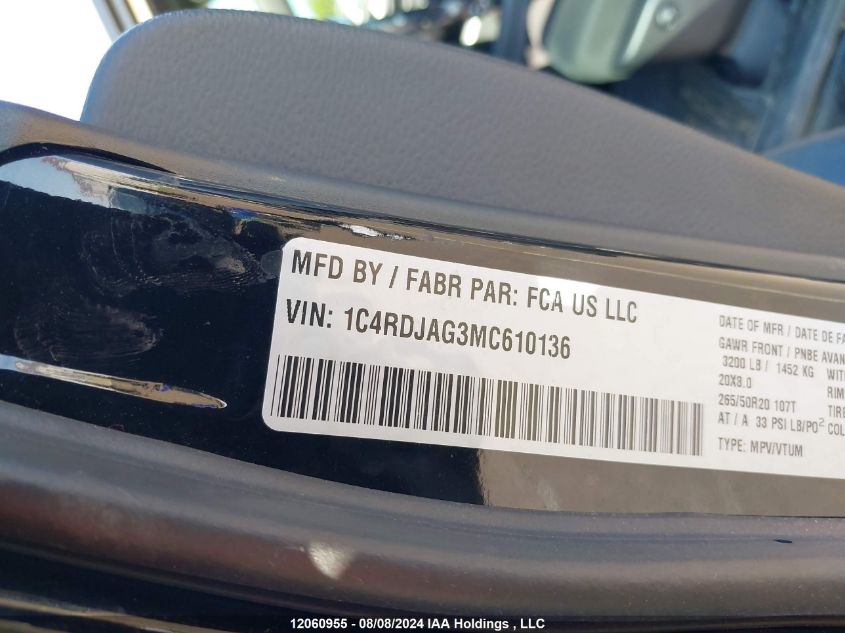 2021 Dodge Durango Sxt VIN: 1C4RDJAG3MC610136 Lot: 12060955