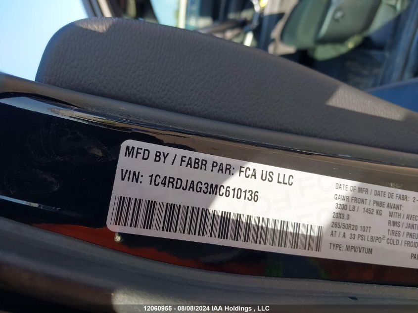 2021 Dodge Durango Sxt VIN: 1C4RDJAG3MC610136 Lot: 12060955