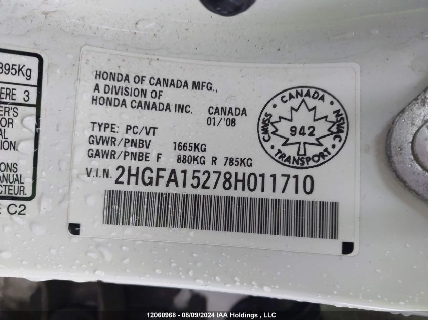2008 Honda Civic Sdn VIN: 2HGFA15278H011710 Lot: 12060968