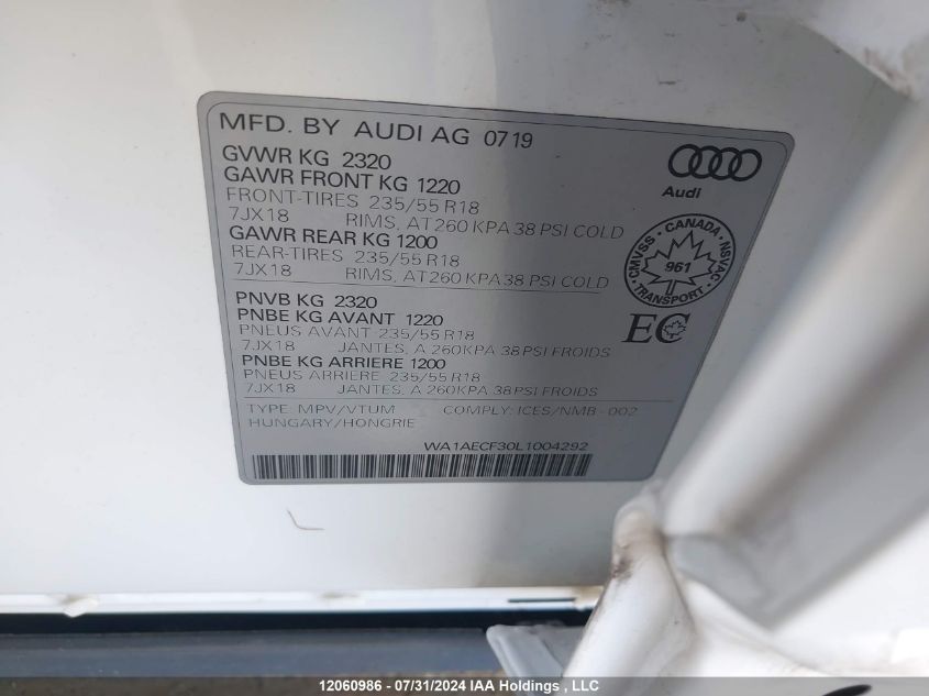 2020 Audi Q3 Premium VIN: WA1AECF30L1004292 Lot: 12060986