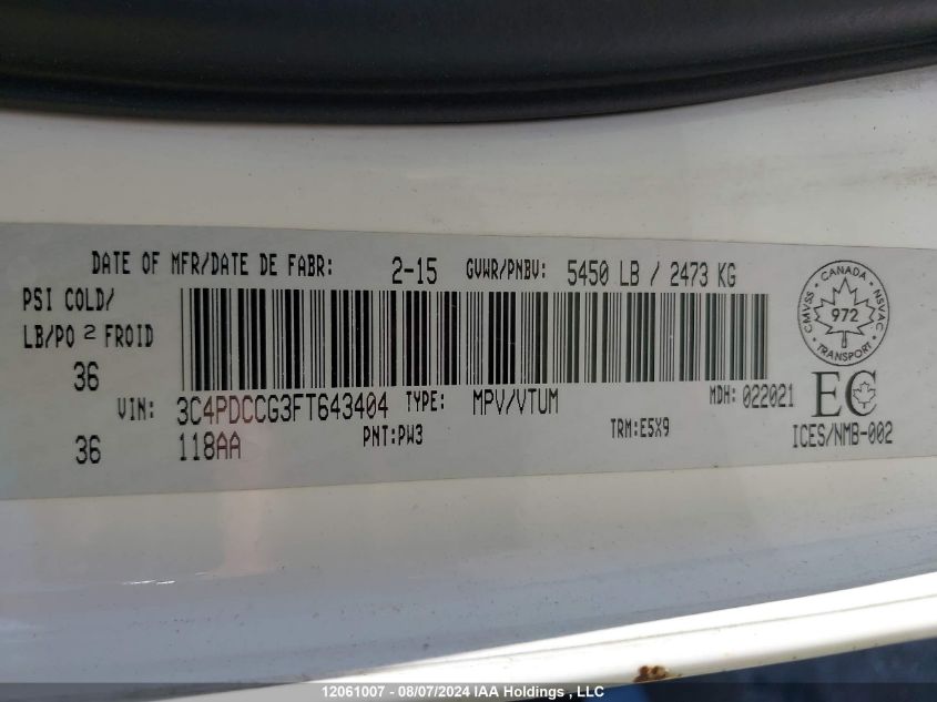 2015 Dodge Journey Sxt VIN: 3C4PDCCG3FT643404 Lot: 12061007