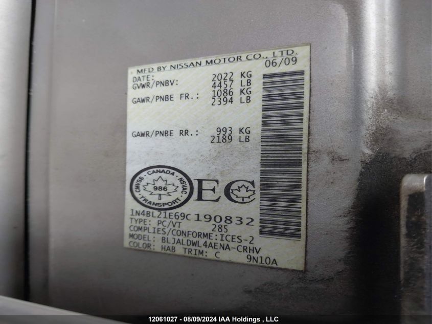 2009 Nissan Altima 3.5Se/3.5Sl VIN: 1N4BL21E69C190832 Lot: 12061027