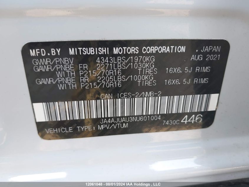 2022 Mitsubishi Rvr VIN: JA4AJUAU3NU601004 Lot: 12061048