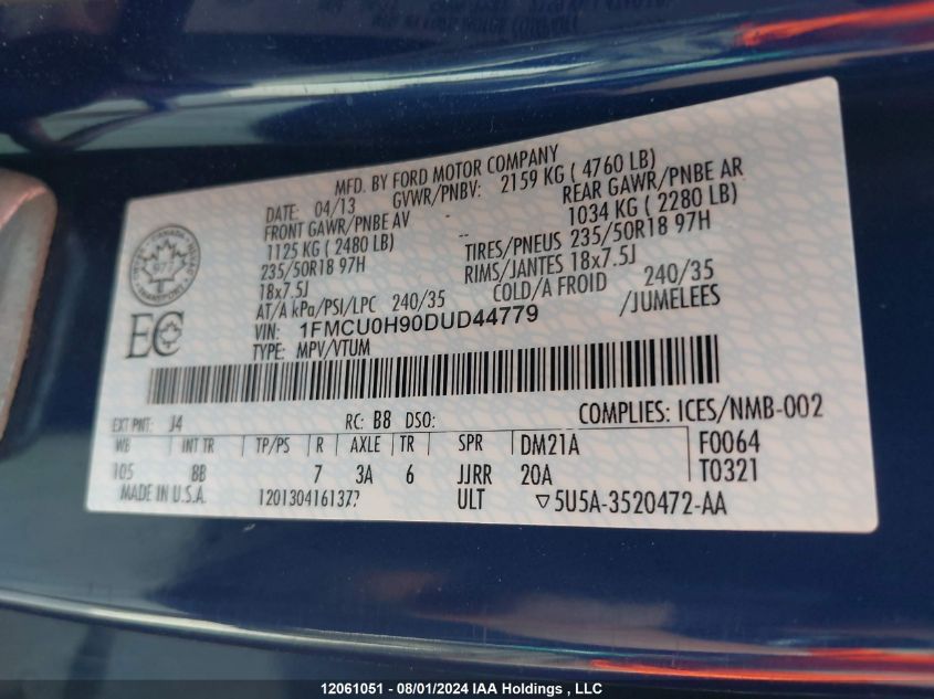 2013 Ford Escape Sel VIN: 1FMCU0H90DUD44779 Lot: 12061051