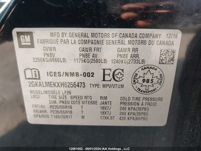 2017 GMC Terrain VIN: 2GKALMEKXH6256473 Lot: 12061052