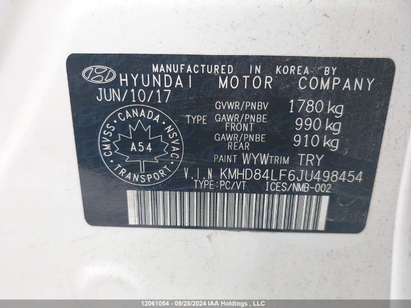 KMHD84LF6JU498454 2018 Hyundai Elantra Sel/Value/Limited