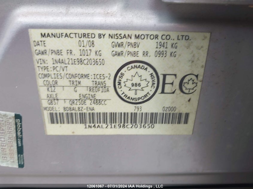 2008 Nissan Altima VIN: 1N4AL21E98C203650 Lot: 12061067