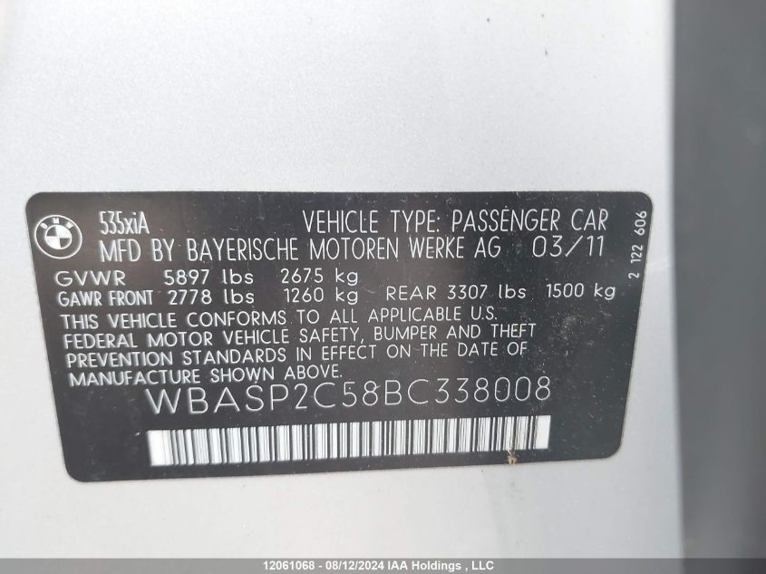 2011 BMW 5 Series Gran Turismo VIN: WBASP2C58BC338008 Lot: 12061068