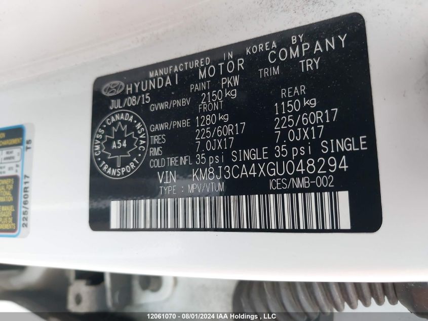 2016 Hyundai Tucson Limited/Sport And Eco/Se VIN: KM8J3CA4XGU048294 Lot: 12061070