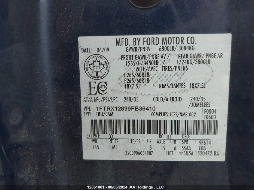 2009 Ford F-150 Stx/Xl/Xlt VIN: 1FTRX12899FB36410 Lot: 12061081