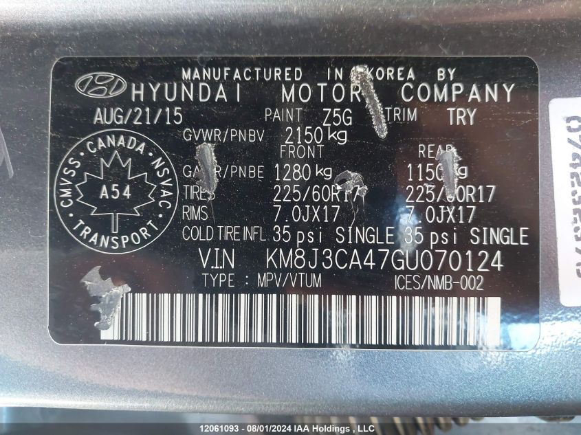 2016 Hyundai Tucson Limited/Sport And Eco/Se VIN: KM8J3CA47GU070124 Lot: 12061093