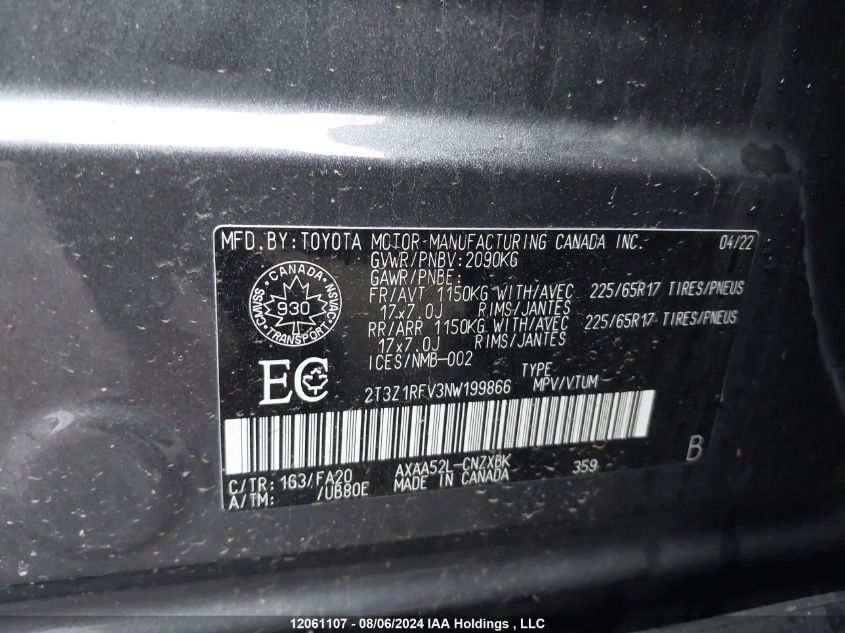 2022 Toyota Rav4 Le VIN: 2T3Z1RFV3NW199866 Lot: 12061107