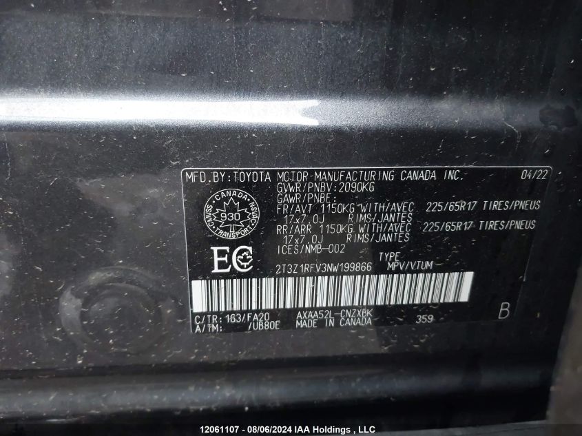 2022 Toyota Rav4 Le VIN: 2T3Z1RFV3NW199866 Lot: 12061107