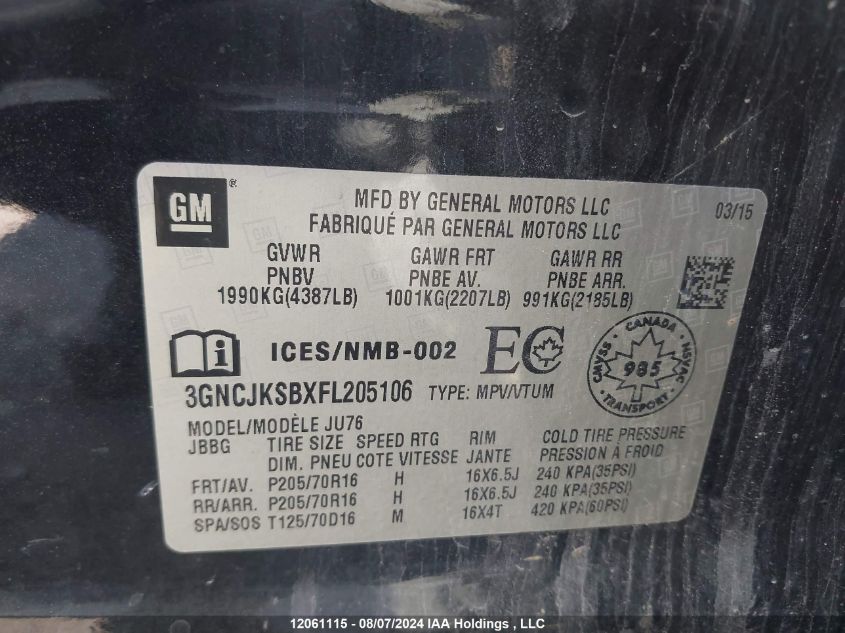2015 Chevrolet Trax VIN: 3GNCJKSBXFL205106 Lot: 12061115