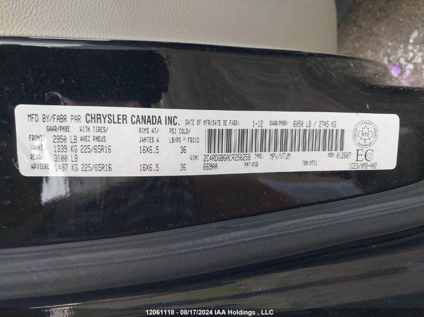 2012 Dodge Grand Caravan Se VIN: 2C4RDGBG0CR256258 Lot: 12061118