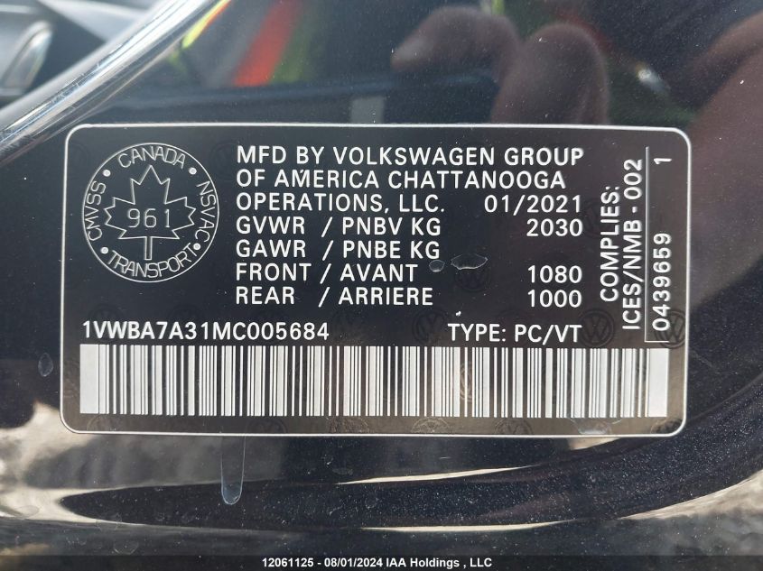 2021 Volkswagen Passat VIN: 1VWBA7A31MC005684 Lot: 12061125