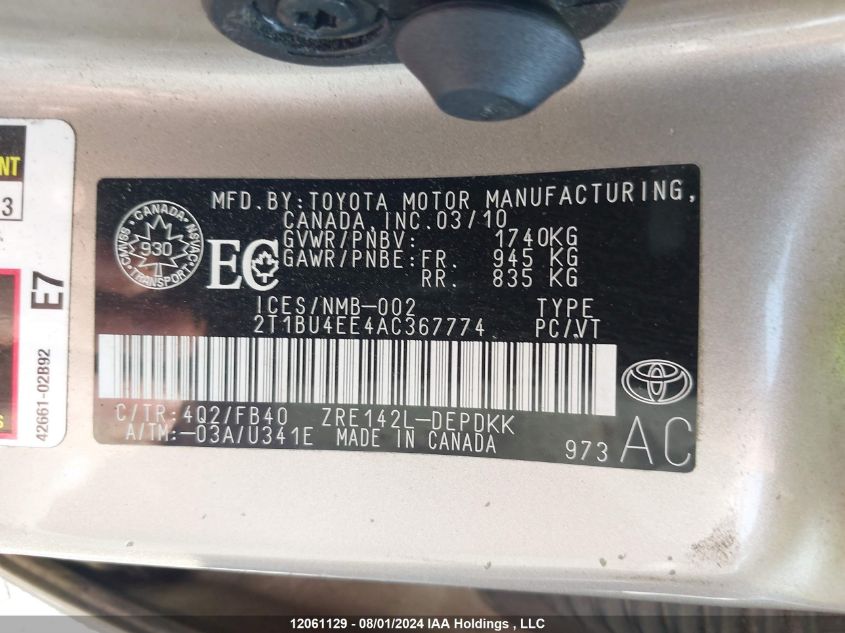 2010 Toyota Corolla VIN: 2T1BU4EE4AC367774 Lot: 12061129