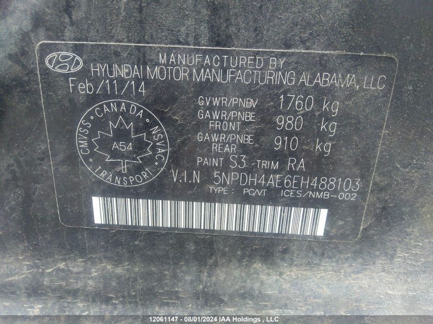 2014 Hyundai Elantra Se/Sport/Limited VIN: 5NPDH4AE6EH488103 Lot: 12061147