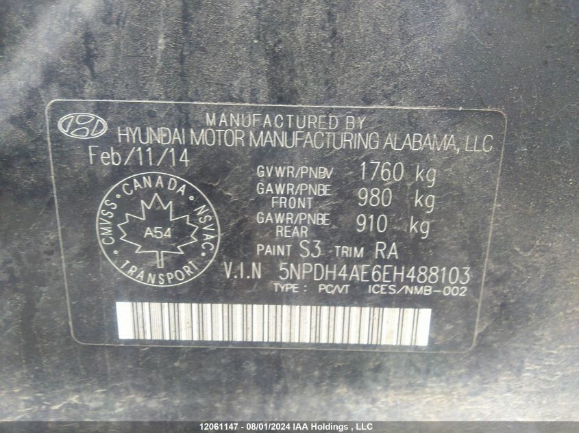 2014 Hyundai Elantra Se/Sport/Limited VIN: 5NPDH4AE6EH488103 Lot: 12061147