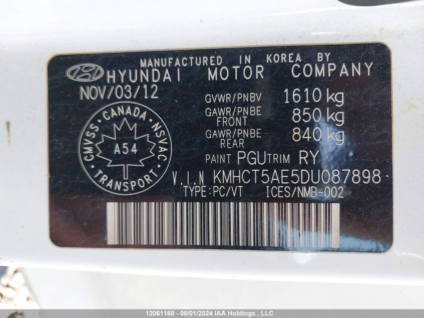 2013 Hyundai Accent Gls/Gs VIN: KMHCT5AE5DU087898 Lot: 12061160