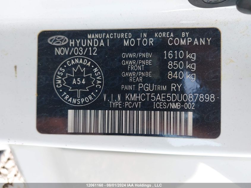 2013 Hyundai Accent Gls/Gs VIN: KMHCT5AE5DU087898 Lot: 12061160