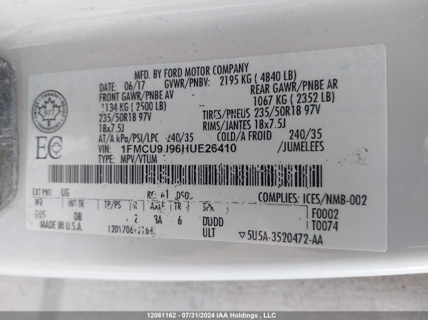 2017 Ford Escape Titanium VIN: 1FMCU9J96HUE26410 Lot: 12061162