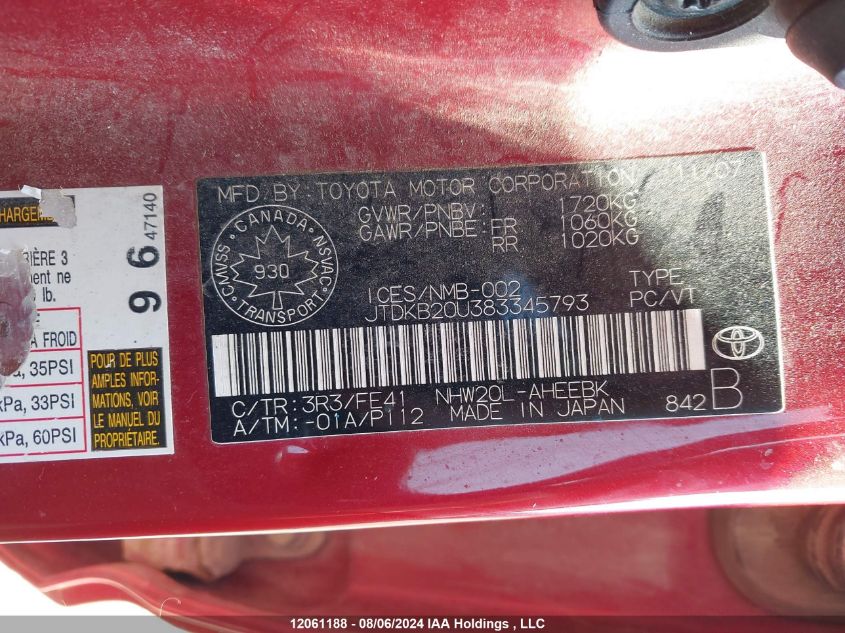 2008 Toyota Prius VIN: JTDKB20U383345793 Lot: 12061188