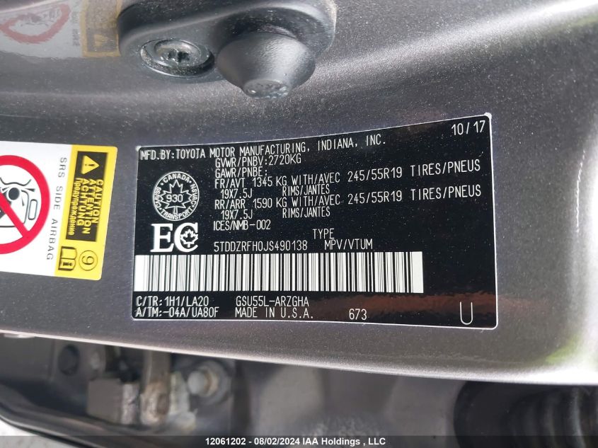 2018 Toyota Highlander Limited VIN: 5TDDZRFH0JS490138 Lot: 12061202