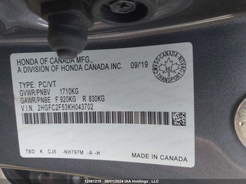2019 Honda Civic Sedan VIN: 2HGFC2F53KH043702 Lot: 12061210