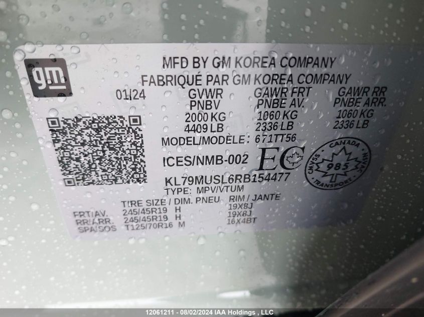 2024 Chevrolet Trailblazer VIN: KL79MUSL6RB154477 Lot: 12061211