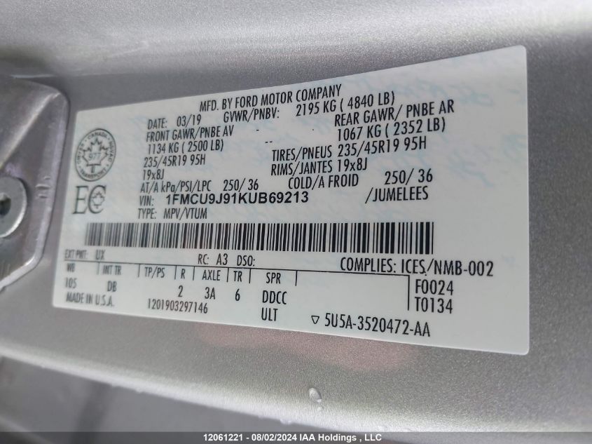 2019 Ford Escape Titanium VIN: 1FMCU9J91KUB69213 Lot: 12061221