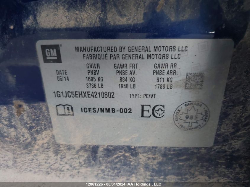 2014 Chevrolet Sonic Lt VIN: 1G1JC5EHXE4210802 Lot: 12061226