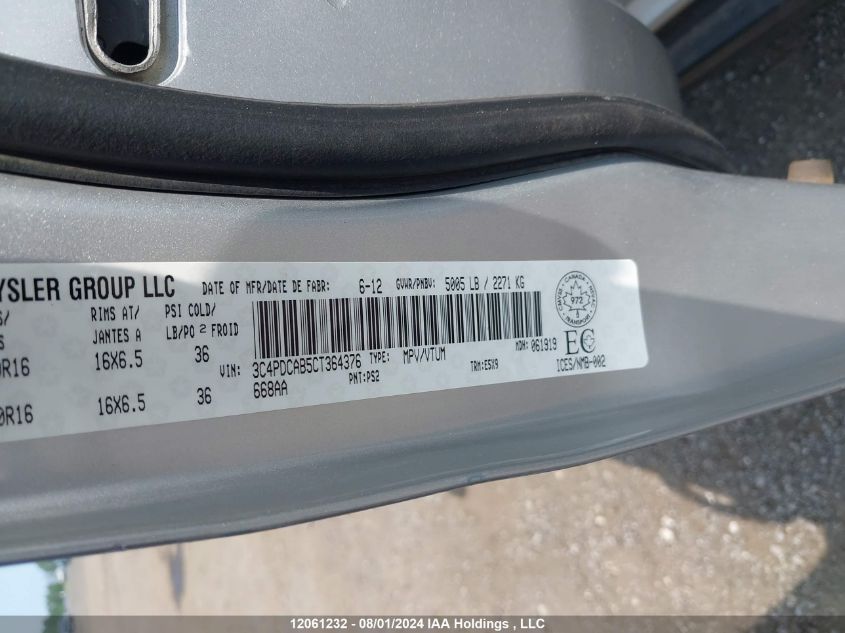 2012 Dodge Journey VIN: 3C4PDCAB5CT364376 Lot: 12061232